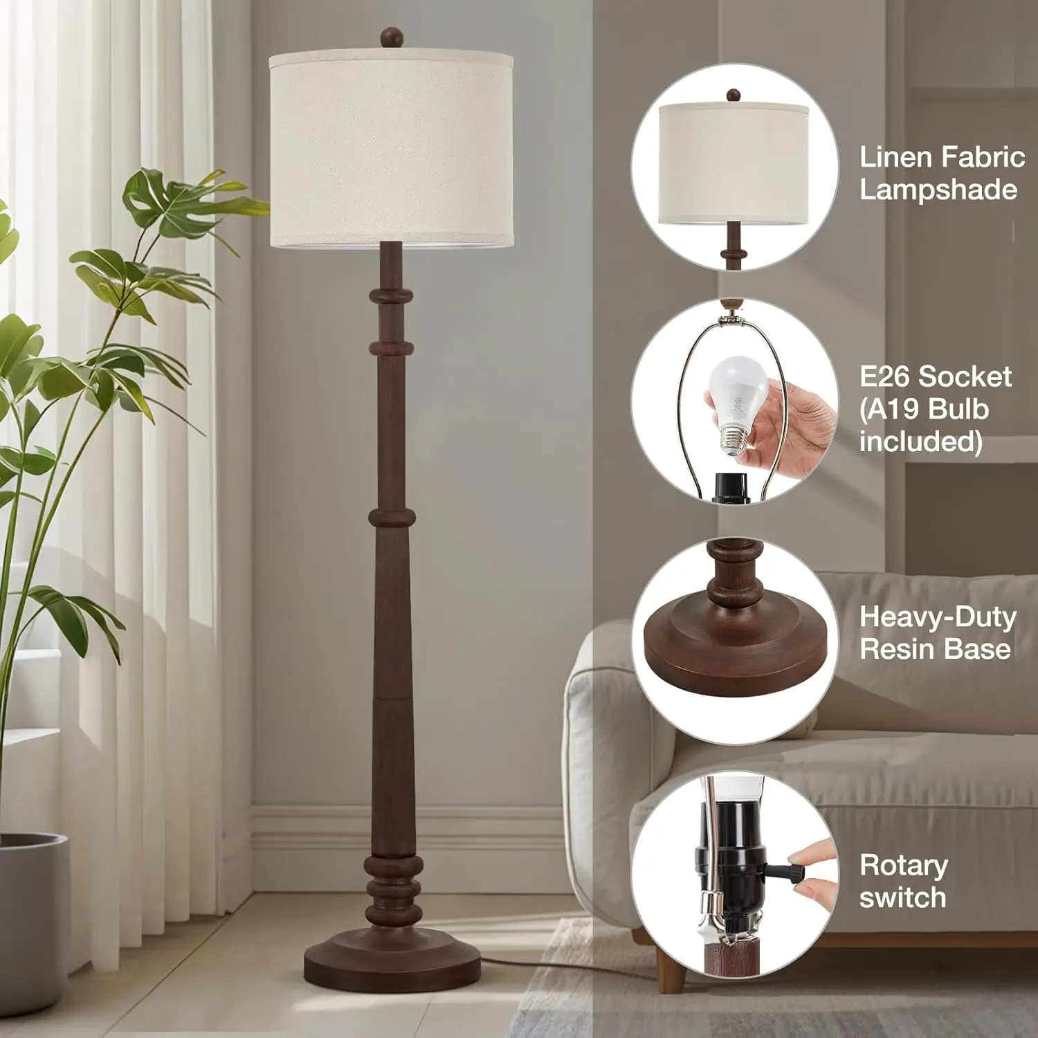 60" Adjustable Color Temperature Farmhouse Floor Lamp with Linen Shade - Vintage Style for Living Room Bedroom Office view 5