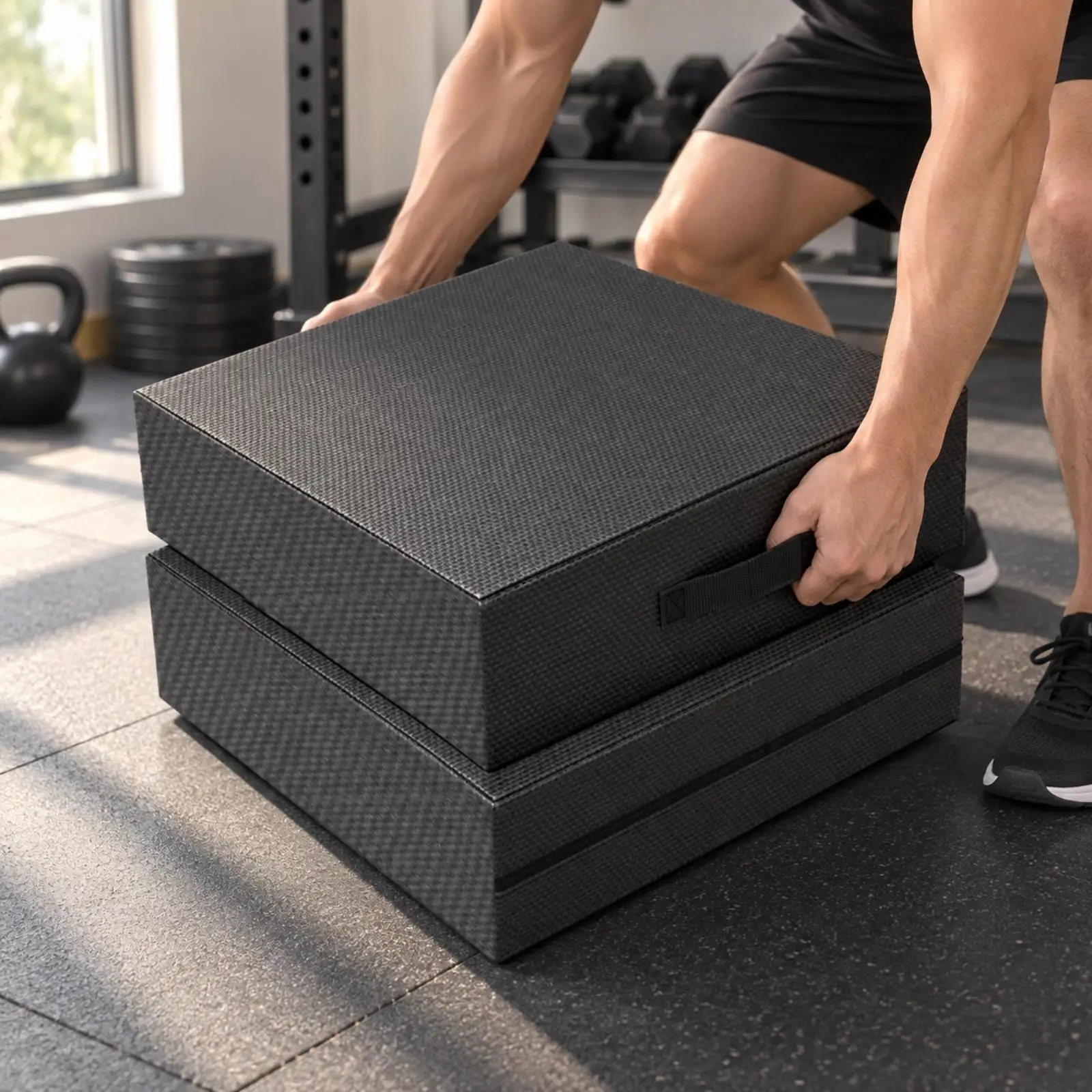 Heavy Duty Gym Anti Slip Cushion Barbell Floor Protector Shock Absorbing Pad with Handle for Weightlifting Home Workout