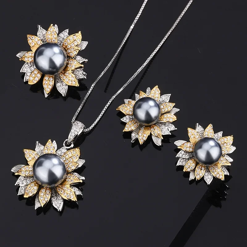 

Sunflower Petal Design Earrings Necklace Adjustable Ring Gray Pearl with Silver Accents Elegant Lustrous Jewelry for Women Gift