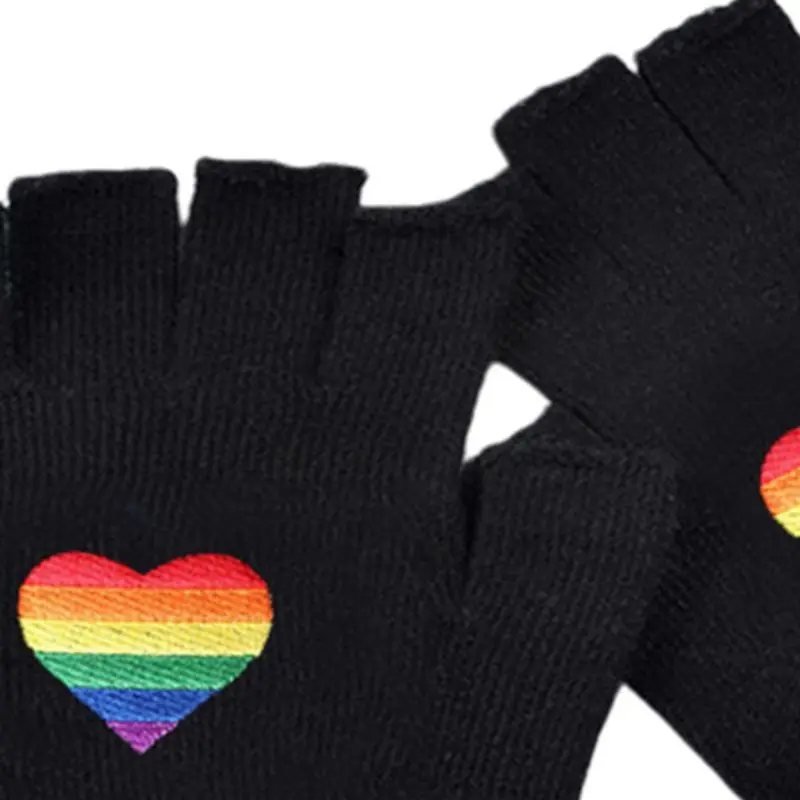 Fingerless Gloves Rainbow Heart Knit Thumb Hole Mittens Solid Short Hand Warmers