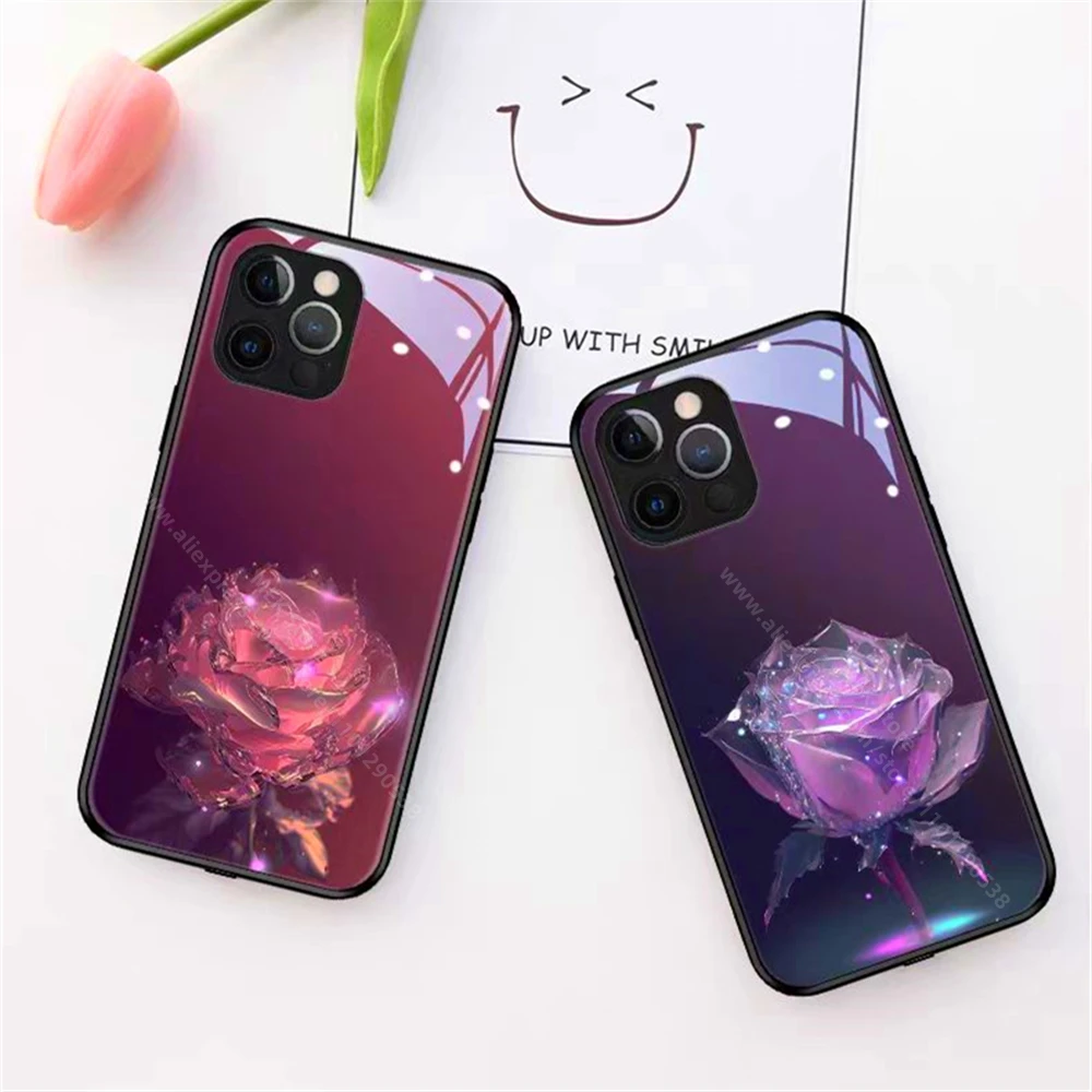 Crystal Blue Rose LED Light Phone Case Glitter Shockproof Back Cover For iPhone 16 15 14 13 12 11 Pro Max X XS XR SE2020