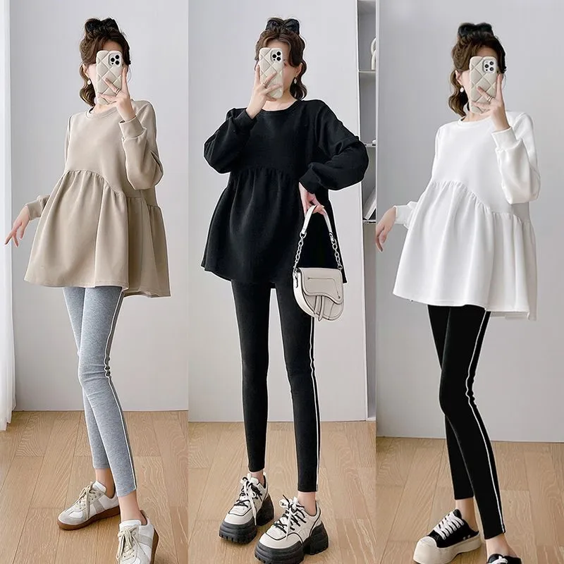 

2025 Pregnant Women's Autumn/Winter Mid to Long Loose Shirt Top Material Thick Breathable Long Sleeve Top Solid Color Top LH811