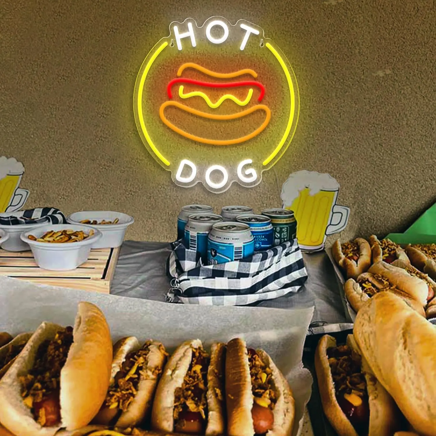 A neon hot dog sign for wall decoration, suitable for hot dog shops, fast food restaurants, Christmas, and birthday parties