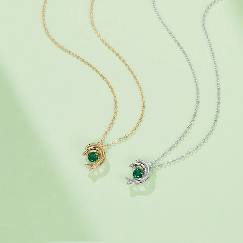 

RAPRGOLD Real 925 Sterling Silver Emerald Necklace for Women Lab Gemstone Dolphin Pendant Chain Wedding Neck Luxury Jewelry Gift