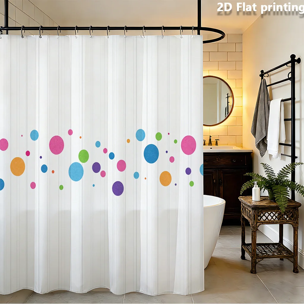 2D Flat, 1qc 2D Flat Printing Curtain Shower Colorful Polka Dots on White Striped Background Suitable for Various Scenes and Hom