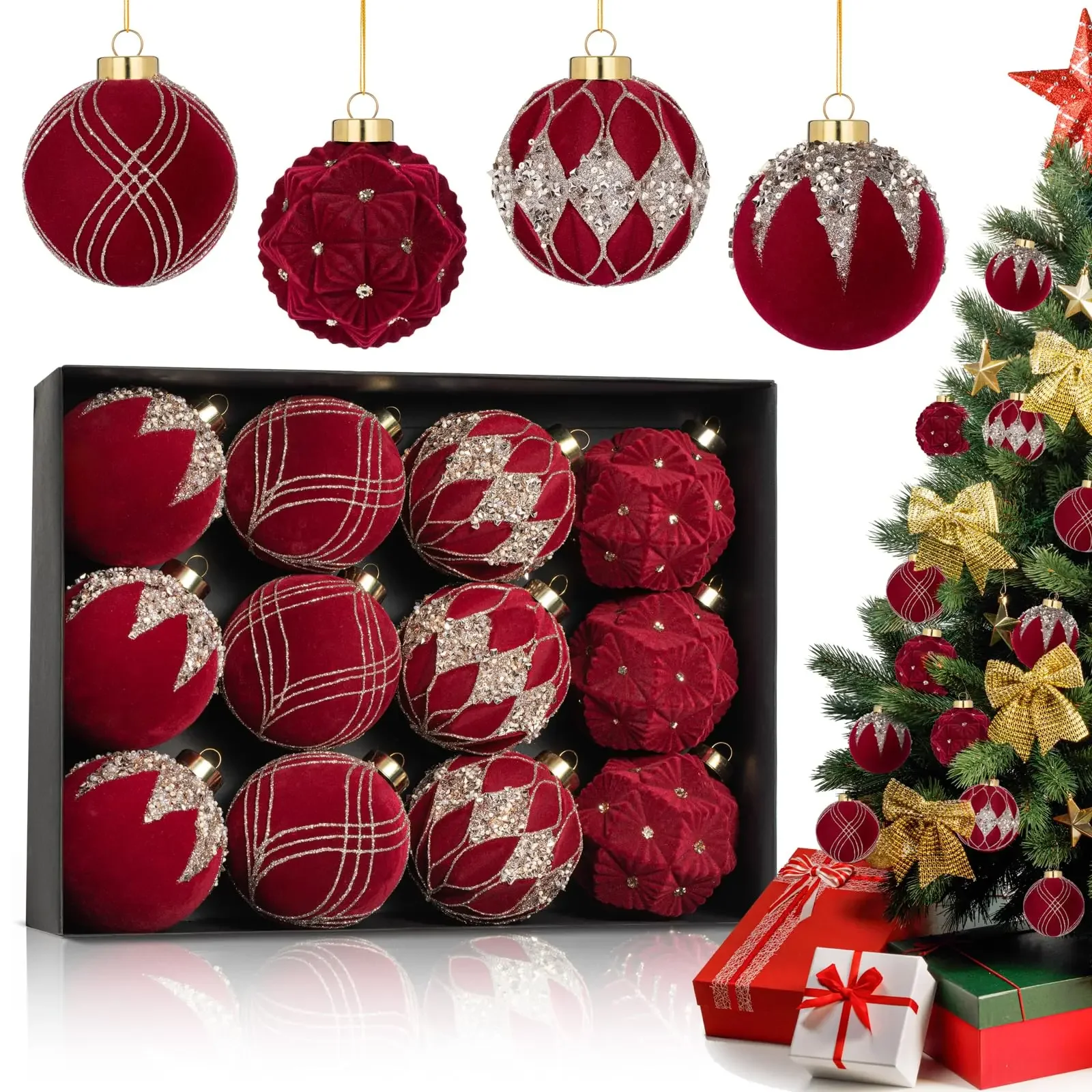 

12PCS Velvet Christmas Balls Ornaments Flocked Green Shatterproof Christmas Tree Decor 80MM Hanging Ball for Xmas Party Wedd