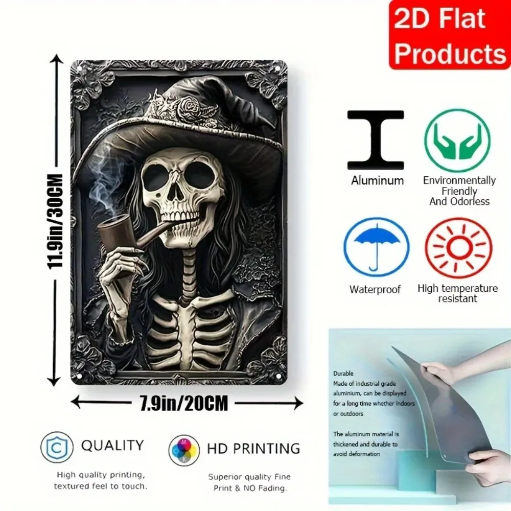لوحة ألومنيوم SkeletonWitchSign Skeleton Witch - ديكور حائط معدني مربع مع فتحات محفورة مسبقًا، ديكور بار/مطبخ #2
