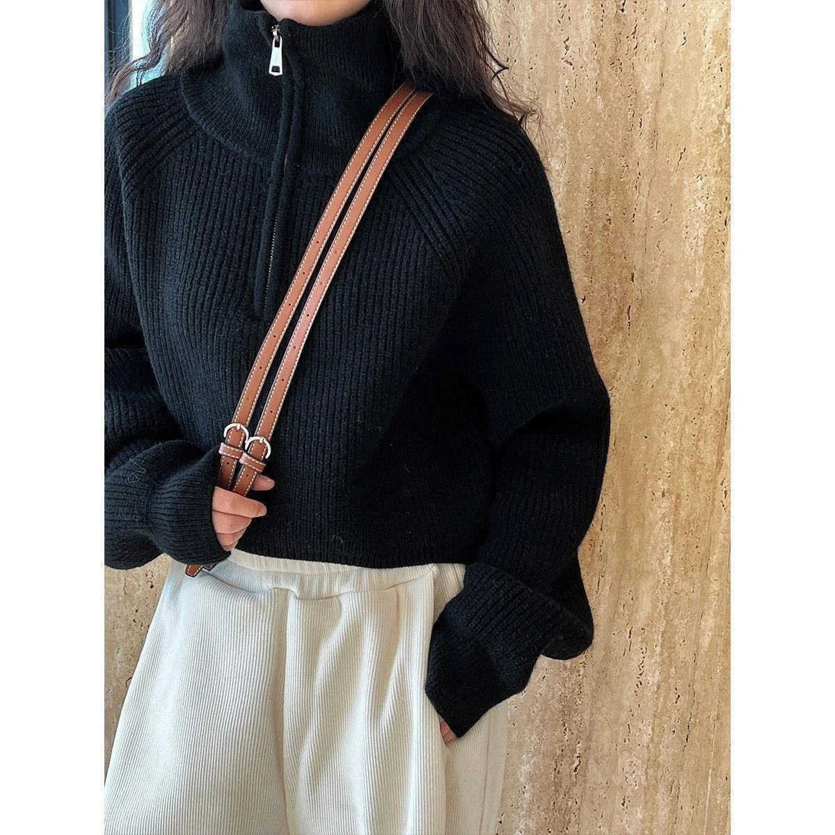 Women Knitted Turtleneck Sweater Fashion Solid Zip Long Sleeve Tops Autumn Winter New Vintage Pullover Top Casual Outfit Clothes