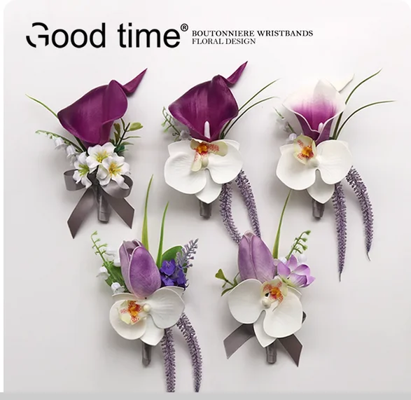 كبار الصدار زهرة المعصم زنبق الكالا زهرة اصطناعية العروس والعريس احتفال الزفاف التصوير دعوى طية صدر السترة الأرجواني و ث