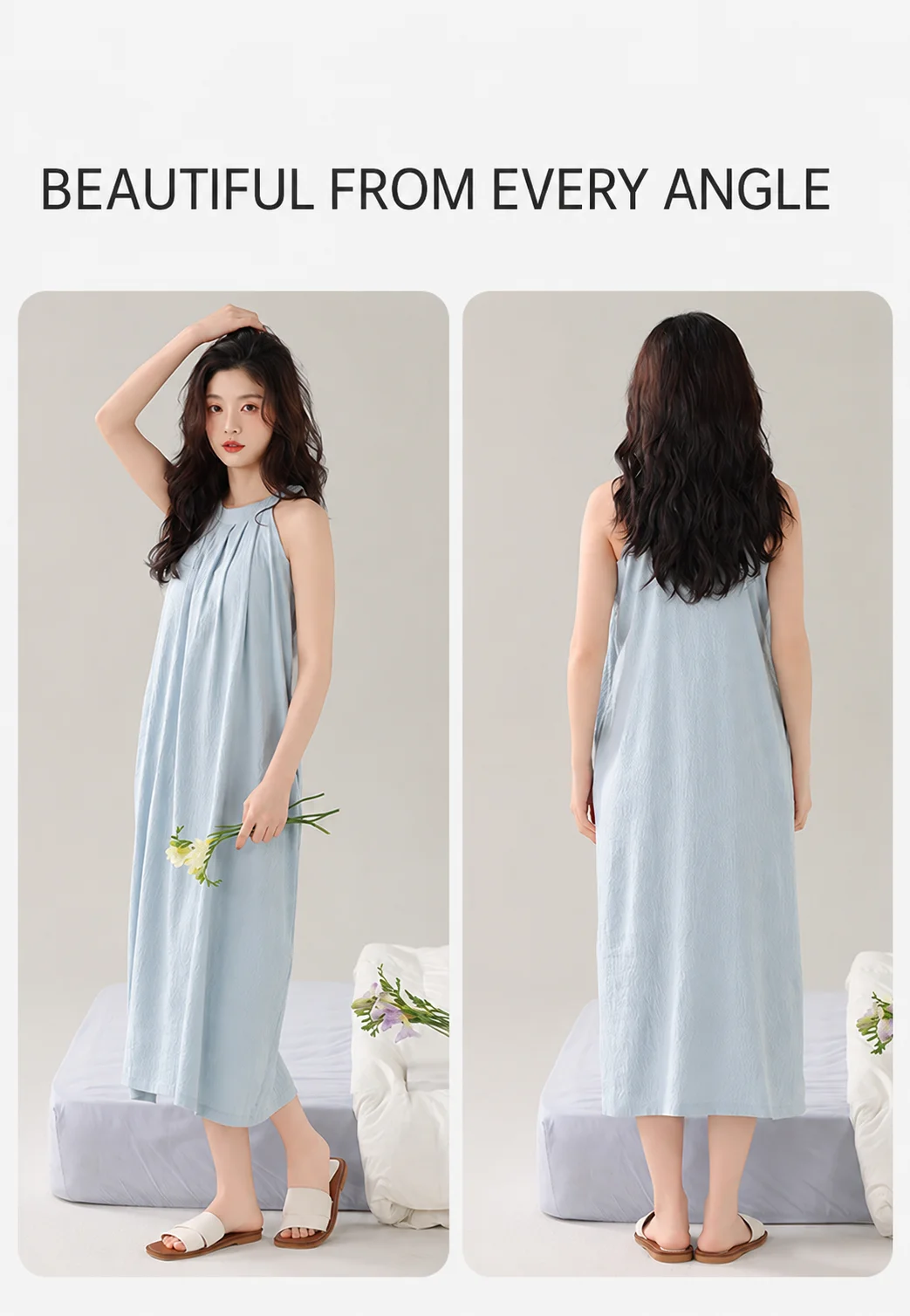 Damen Gepolstertes Ärmelloses Nachthemd mit Eingebautem BH, Herausnehmbaren Polstern, Langes, Weiches Schlafkleid, Sommer-Loungewear, Hauskleid mit Tasche – Detail 14