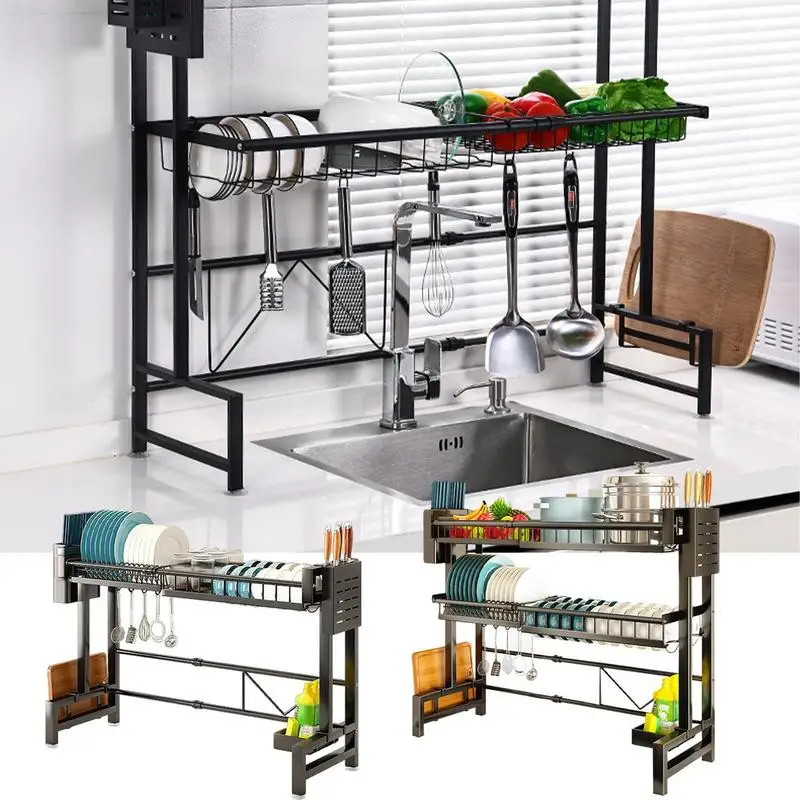 Dish Racks For Kitchen Counter 2-Tiers Retractable Sink Organizer Rack Dish Drainer Rack Stainless Steel Kitchen Sink Shelf