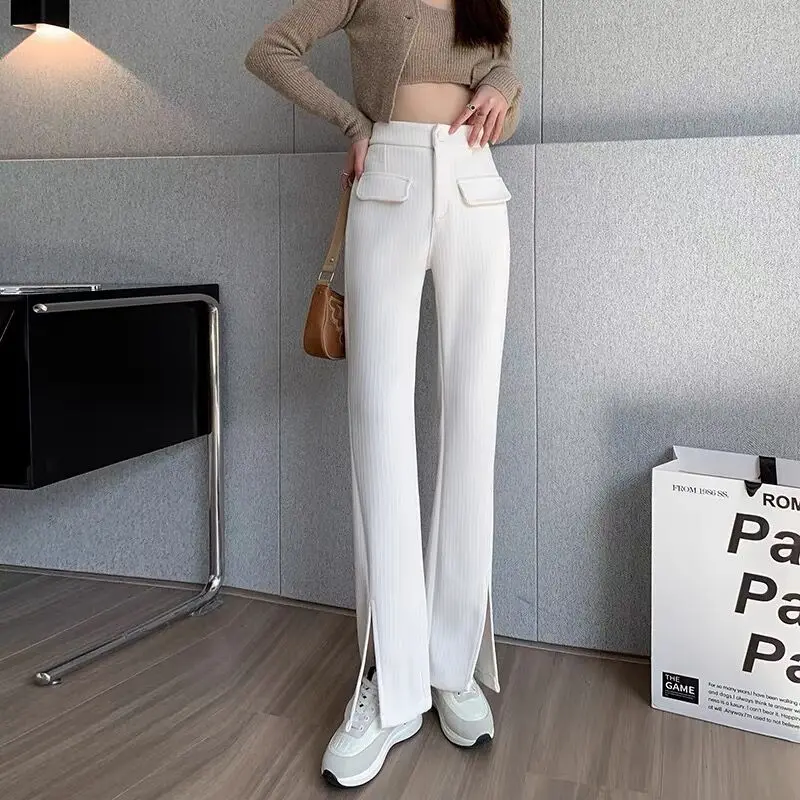 

Winter Chenille Warm Flare Pants Split Design High Street Women Lady Office Work Club Elastic Waist Wide Leg Fake Pocket Trouser