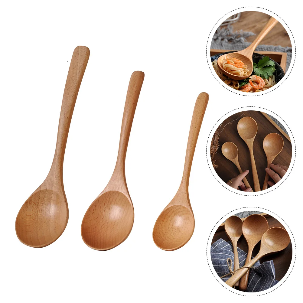 

3pcs Solid Wood Spoons Natural Beech Soup Condiments Rice Long Handle Meal Scoops Food Ladle Stirring Serving Buffet Multi