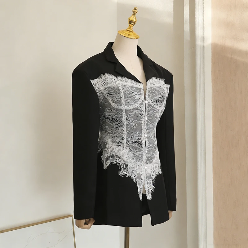 KBQ Solid Slimming Spliced Lace Designer Jackets for Women Notched Collar Long Sleeve Temperament Party Jacket Female Fashion