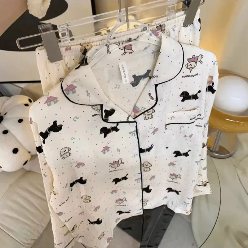 Kawaii Dot Dog Print Cartoon Cute Women\'s Pajamas Set Lapel Neck Button Design Sweet Casual Sleepwear Autumn New Pajamas Set