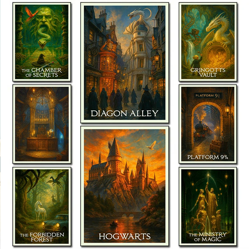 Arte de fantasía clásico, Academia Mágica, oscuridad Diagon Alley/cabana de Hagrid, carteles Retro, pinturas en lienzo, imágenes artísticas de pared, decoración del hogar