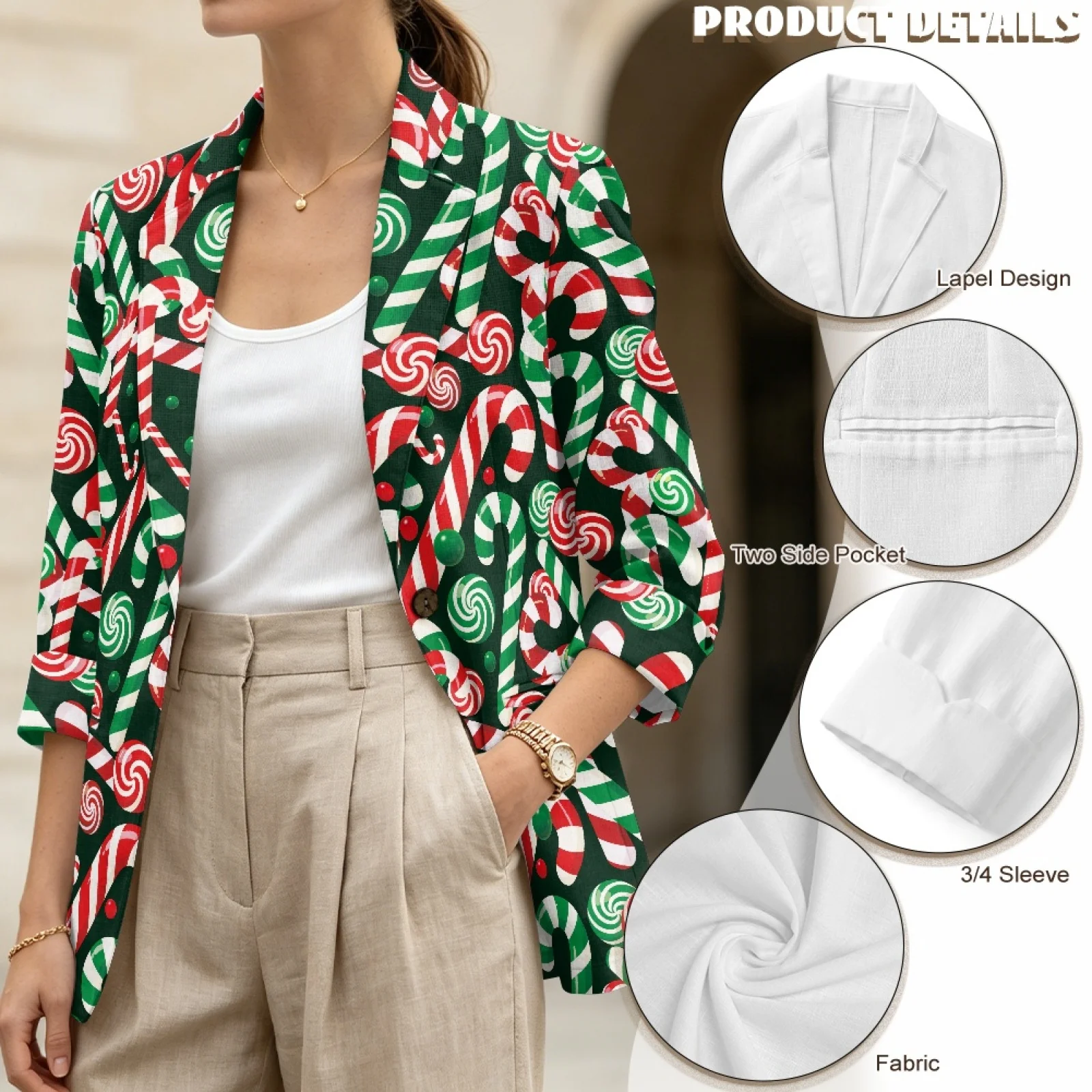 PENSTROLL Candy Cane Green Linen Style Open Front Cardigans for Vacation with Pockets Beach Cover Ups Cardigan Cover Up Jacket view 5