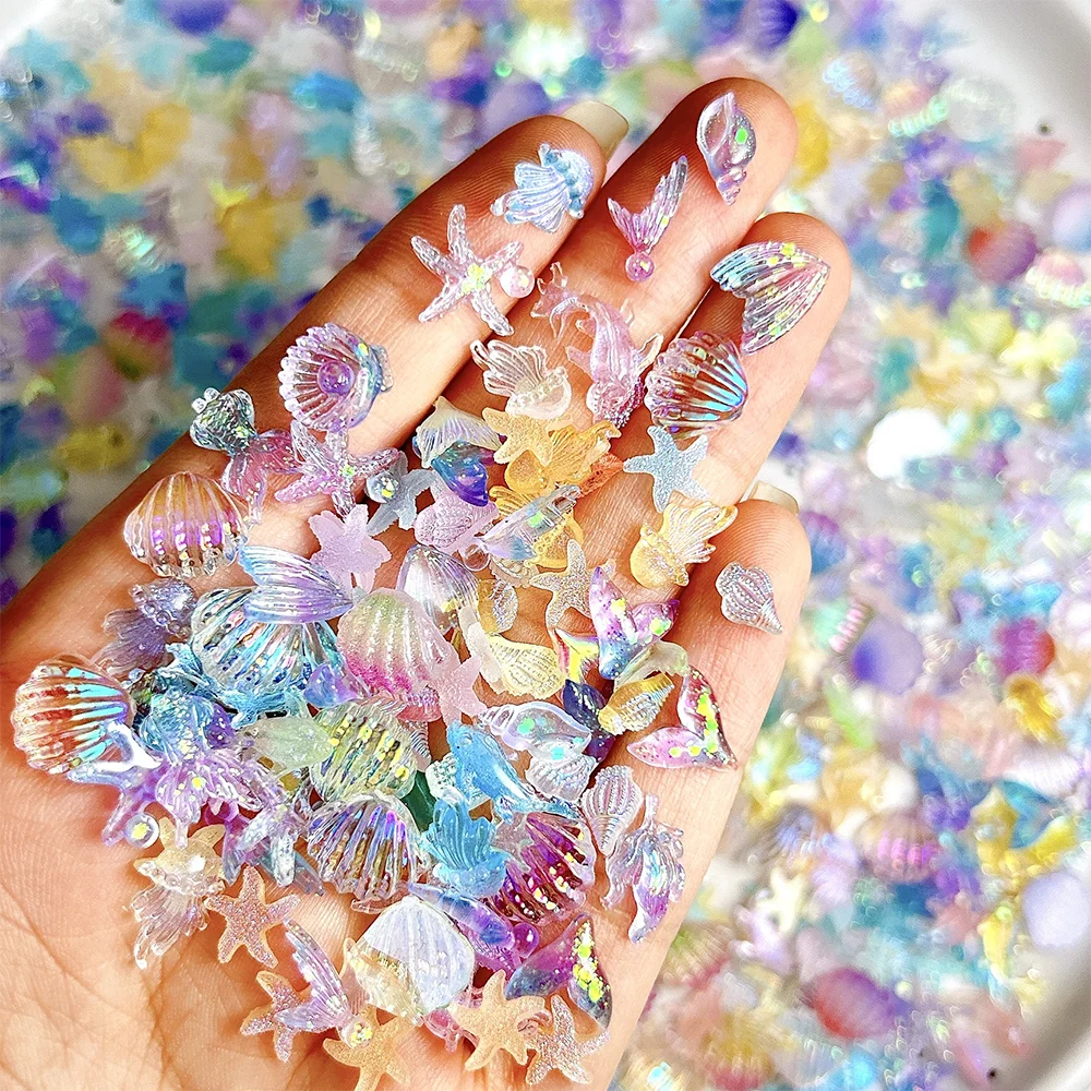 

50Pcs Mixed Iridescent Ocean Nail Charms Dolphin Shell Sea Star Seahorse DIY Nail Accessories Sparkling Fish Nail Art Decoration