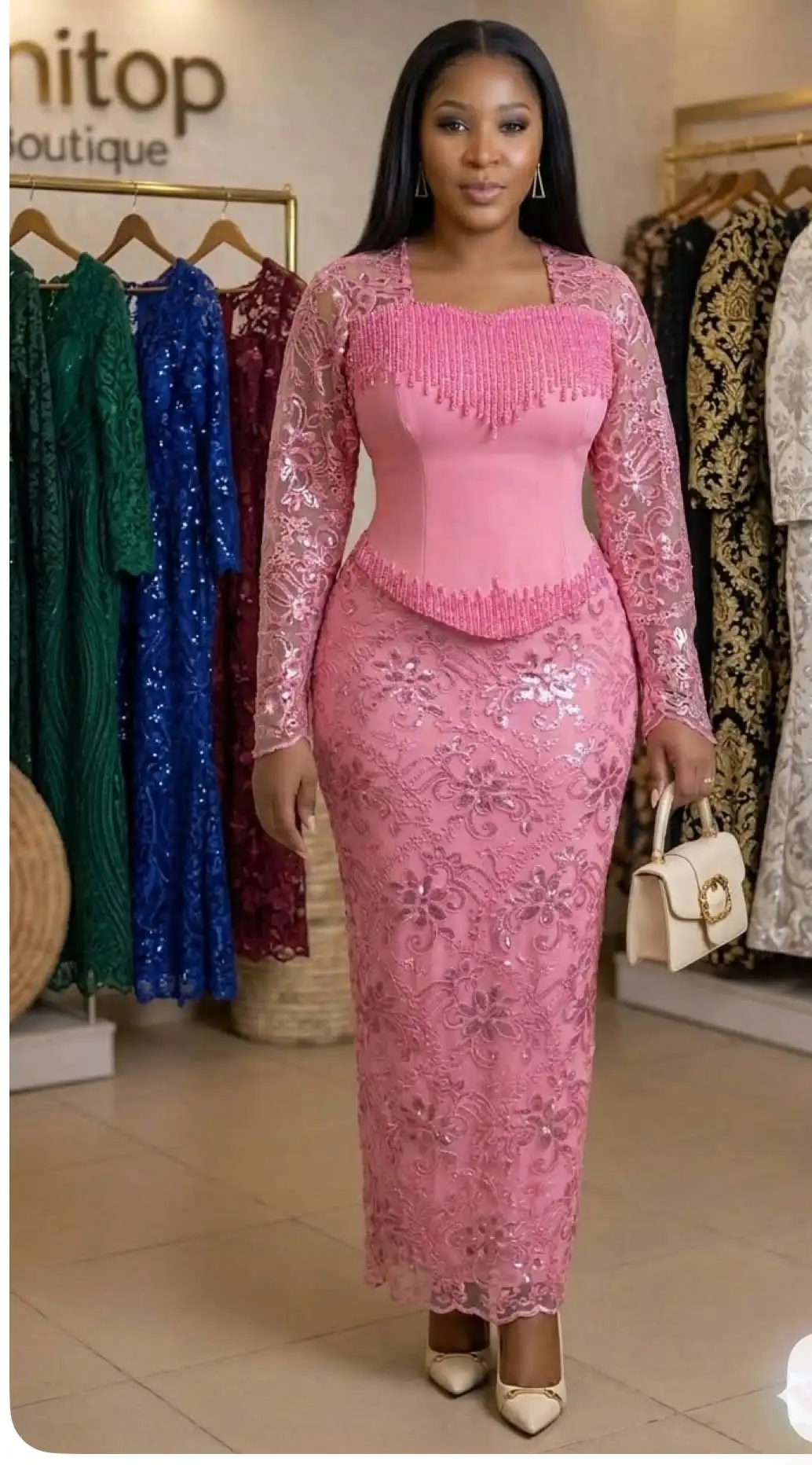 Elegant Pink African Evening Dress Long Sleeves Beaded Sequins Corset Mermaid Prom Gown Aso Ebi Women Party Dress Customized