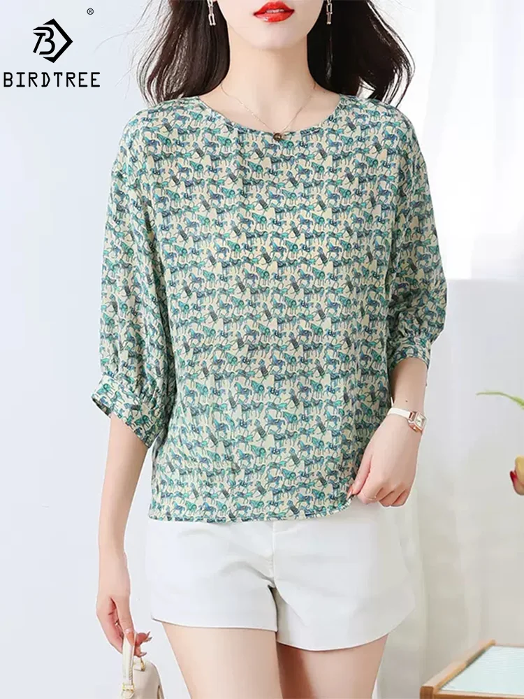 Birdtree, 100%Real Silk Woman 3/4 Sleeve T-Shirt, Fashion Printing OL Tees, Elegant Chic Summer Autumn 2024 New Tops T46568QM