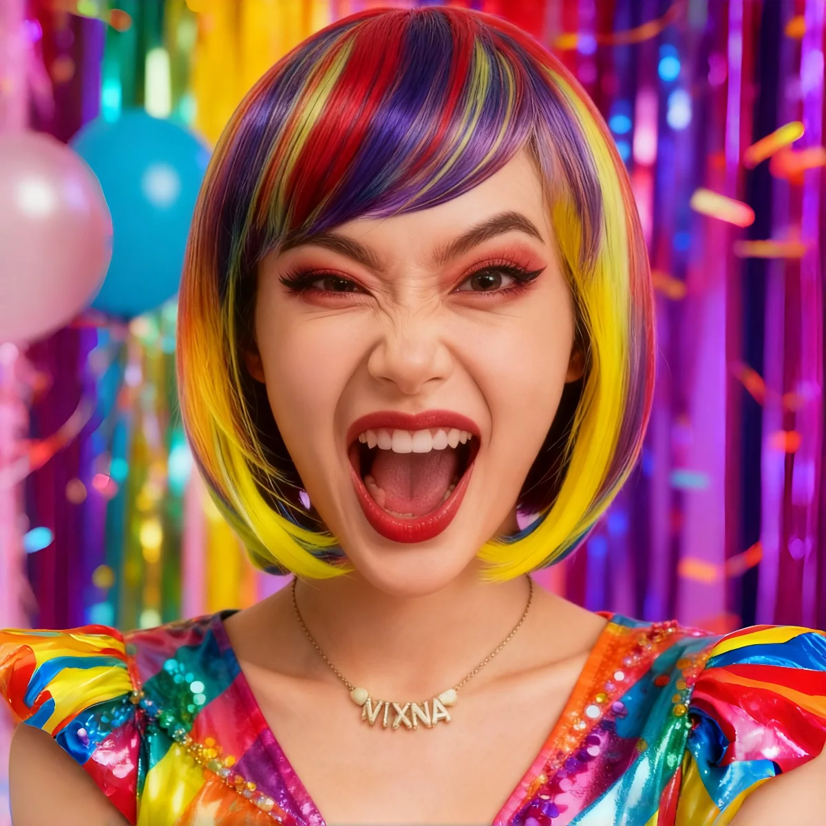 

Rainbow Short Bob Wig, Colorful Short Synthetic Wig, Vibrant Dopamine Party Short Hair, Eye-catching Wig for Party and Festival