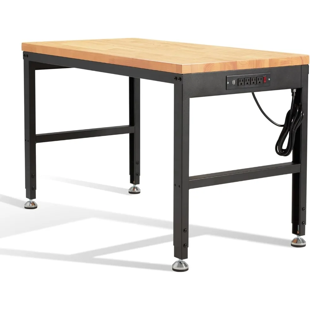 

Height Adjustable Workbench 48"x 24" 2000 Lbs Capacity Oak Wood Work Station Heavy-Duty Work Benches with Power Outlets