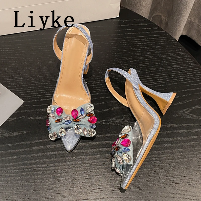 Liyke Strange Style Blue High Heels Mules Sandals Summer Fashion Crystal Denim Bowknot Pointed Toe Party Dress Shoes Women Pumps