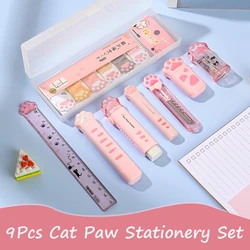 Juego de papelería Kawaii con forma de pata de gato, 9 piezas, caja de bolígrafos, sacapuntas, cinta de corrección, goma de borrar, regla, notas adhesivas, tijeras