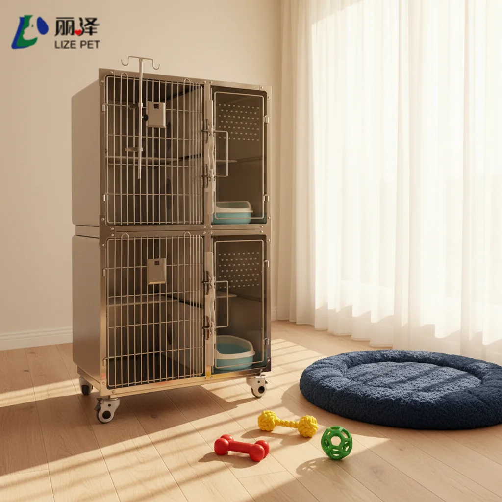 Double-Layer Heavy-Duty Stainless Steel Cat Cage High-End Pet Inpatient Veterinary Clinic Cage With Animal Pattern Litter Box