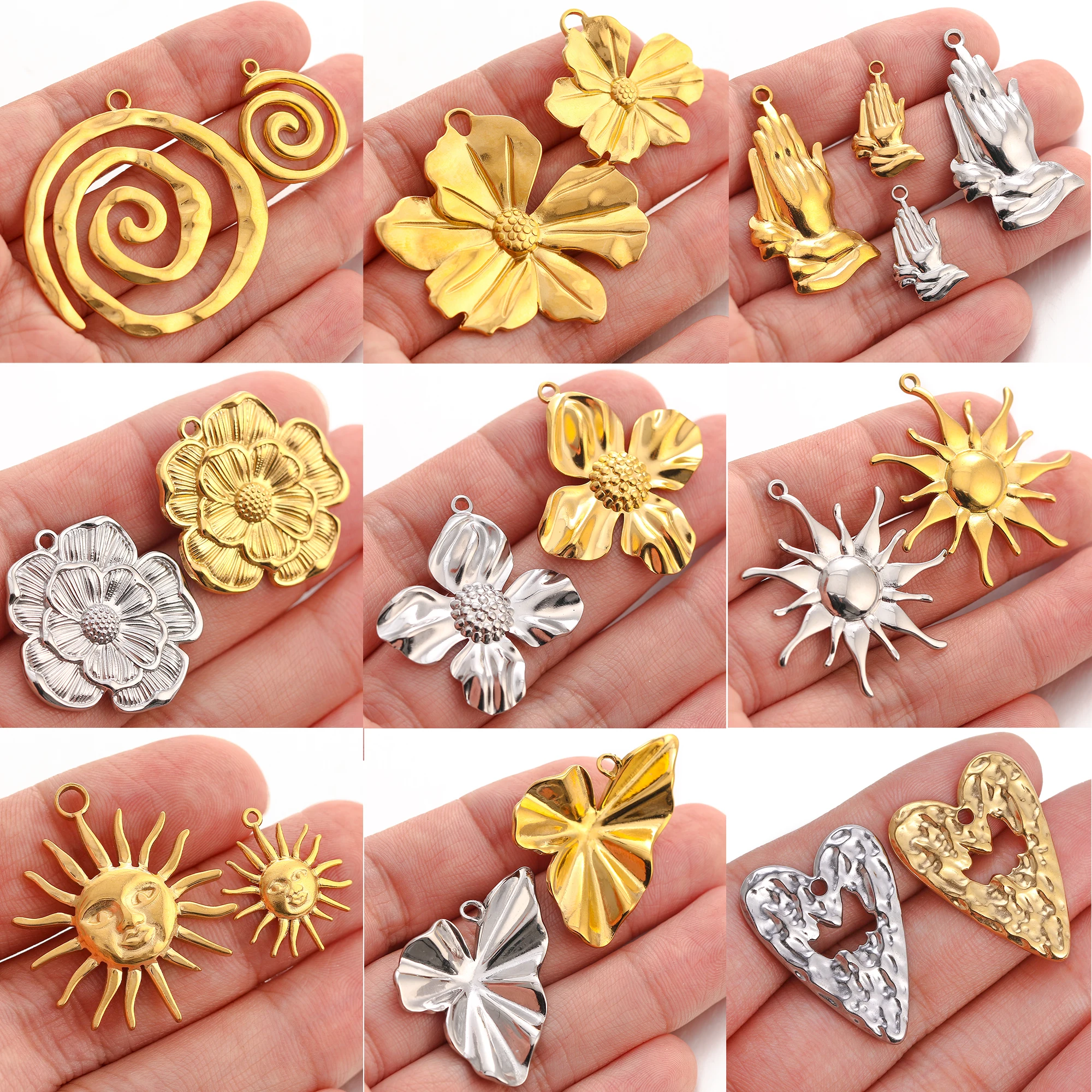 

3Pcs/Lot 3D Flower/Praying Hands/Sun Charms S/L size Stainless Steel Love Heart Pendant Fit DIY Necklace Bracelet Jewelry Making