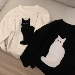 Suéter de punto de gato de dibujos animados japonés para mujer, Jersey cálido, suelto, Vintage, Top de moda, suéteres Kawaii para niñas, Invierno