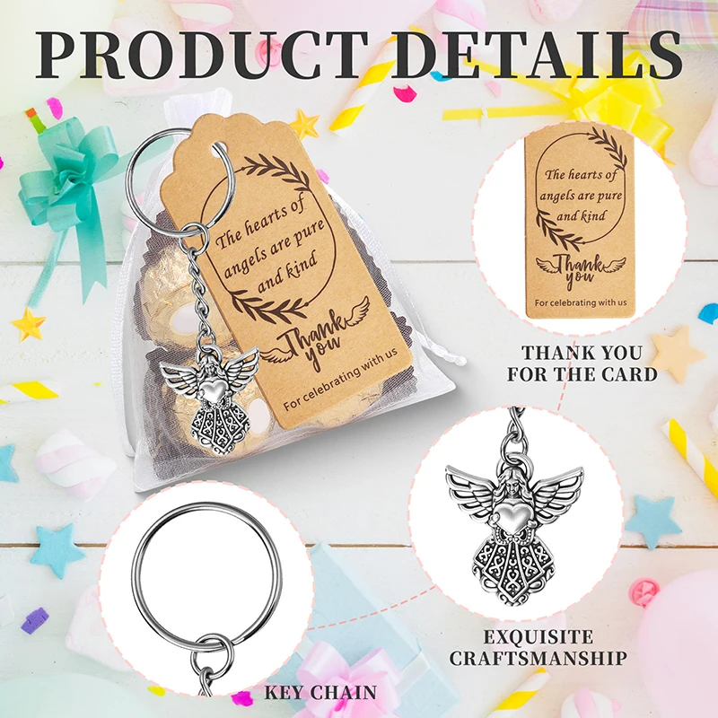 New 30 Set Angel Keychain Gift Bulk Thank You Gift Baptism Pendant Keychain Favor Key Ring With Thank You Tag Organza Bag