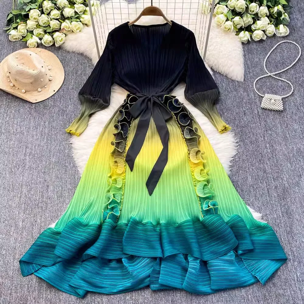 Luxury Miyake Pleated Ruffles Spliced Belt Gathered Waist Gradient Spring Summer New Women Loose Casual Party Dresses