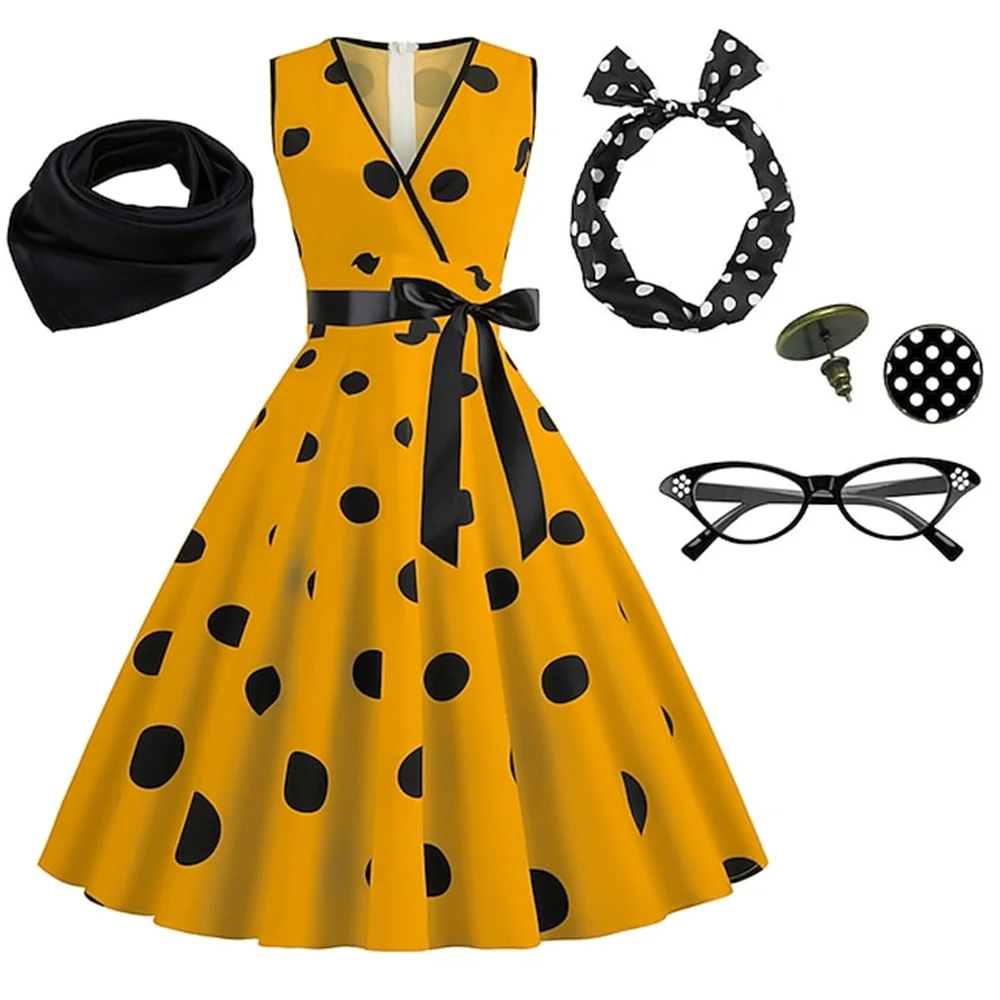 Women's Rockabilly Dress Polka Dots Swing Flare Dress with Accessories Set Earrings Headband Glasses Dress