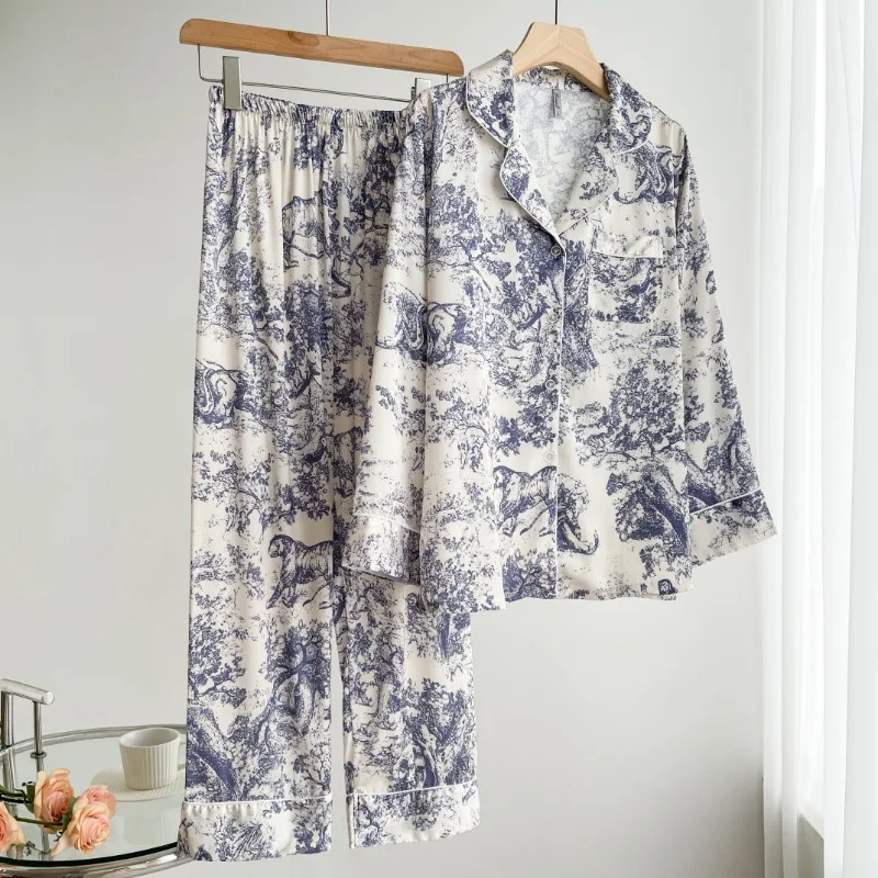 

Женский пижамный комплект с принтом, 2 шт., одежда для сна с отложным воротником, домашняя одежда, пижамный комплект из ледяного шелка, весенняя ночная рубашка с длинными рукавами, пижамы