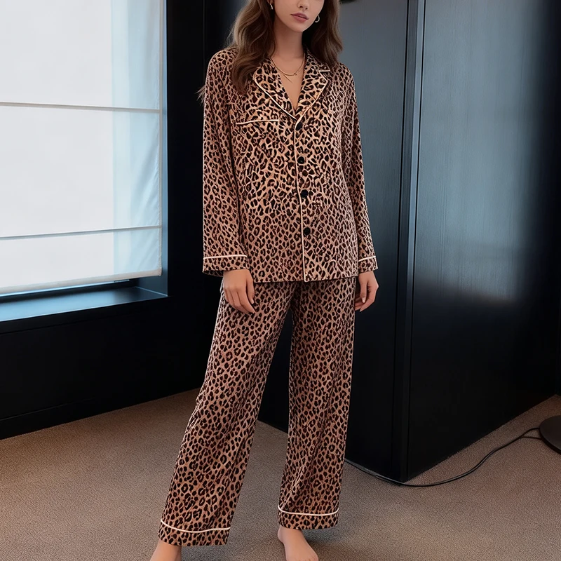 Autumn and Winter Fashionable Leopard Print Pajamas for Women's Long Sleeved Sleepwear European and American Home Wear Girl