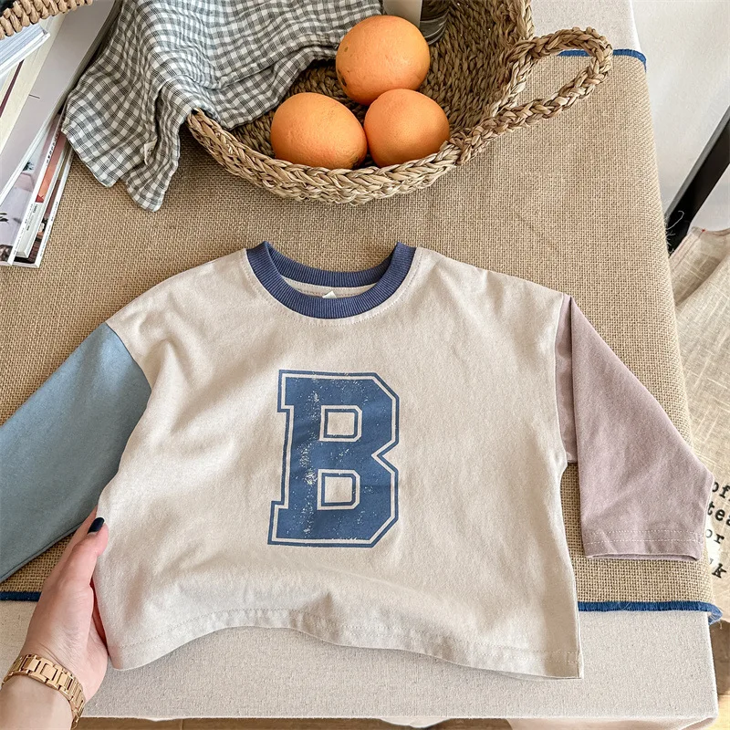 

2025 New Spring Children Letter Printed T-shirts Patchwork Sleeve Korean Style Baby Boys Girls Casual Tops