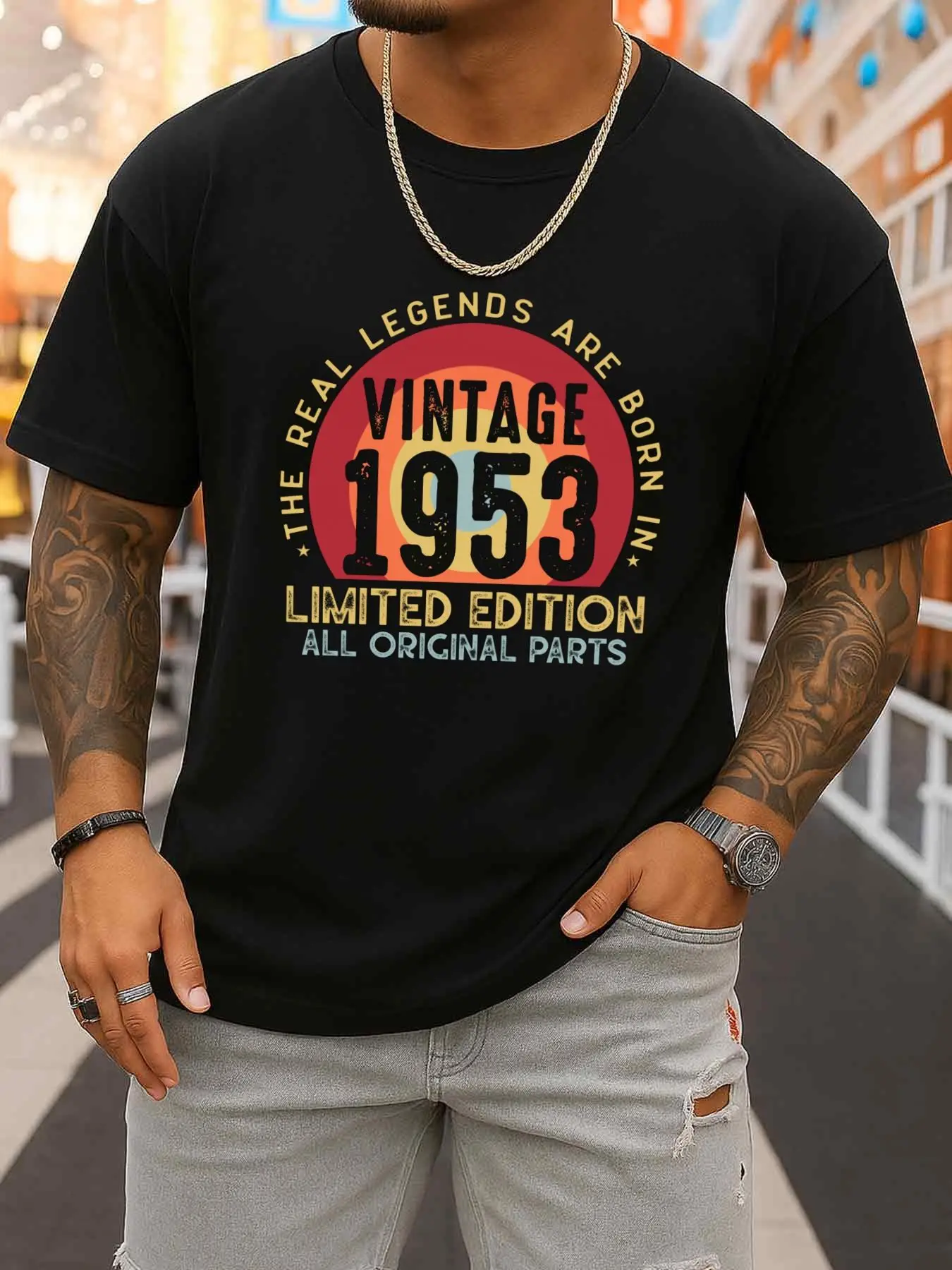 Vintage 1953 Limited Edition T-Shirt Men's Round Neck Black Casual Gift T-Shirt Regular Fit, Suitable for All Seasons, New Spring and Autumn Trendy Printed T-Shirt for Outdoor Activities