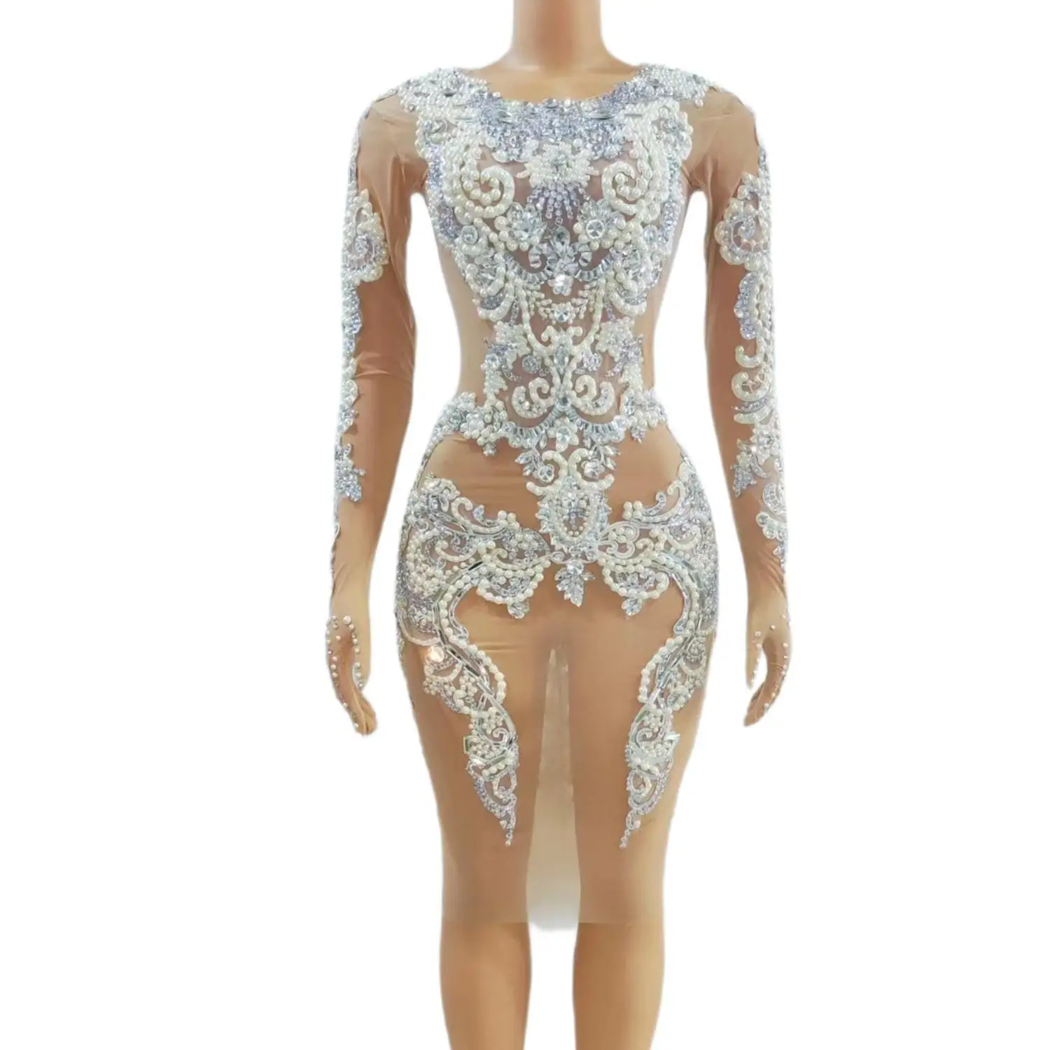 Dingzhibi Luxury Skin Tone Sheer Mesh Vintage Scroll Crystal Pearl Long Gown Full Sleeve Asymmetric Hem Nightclub Rave Outfit