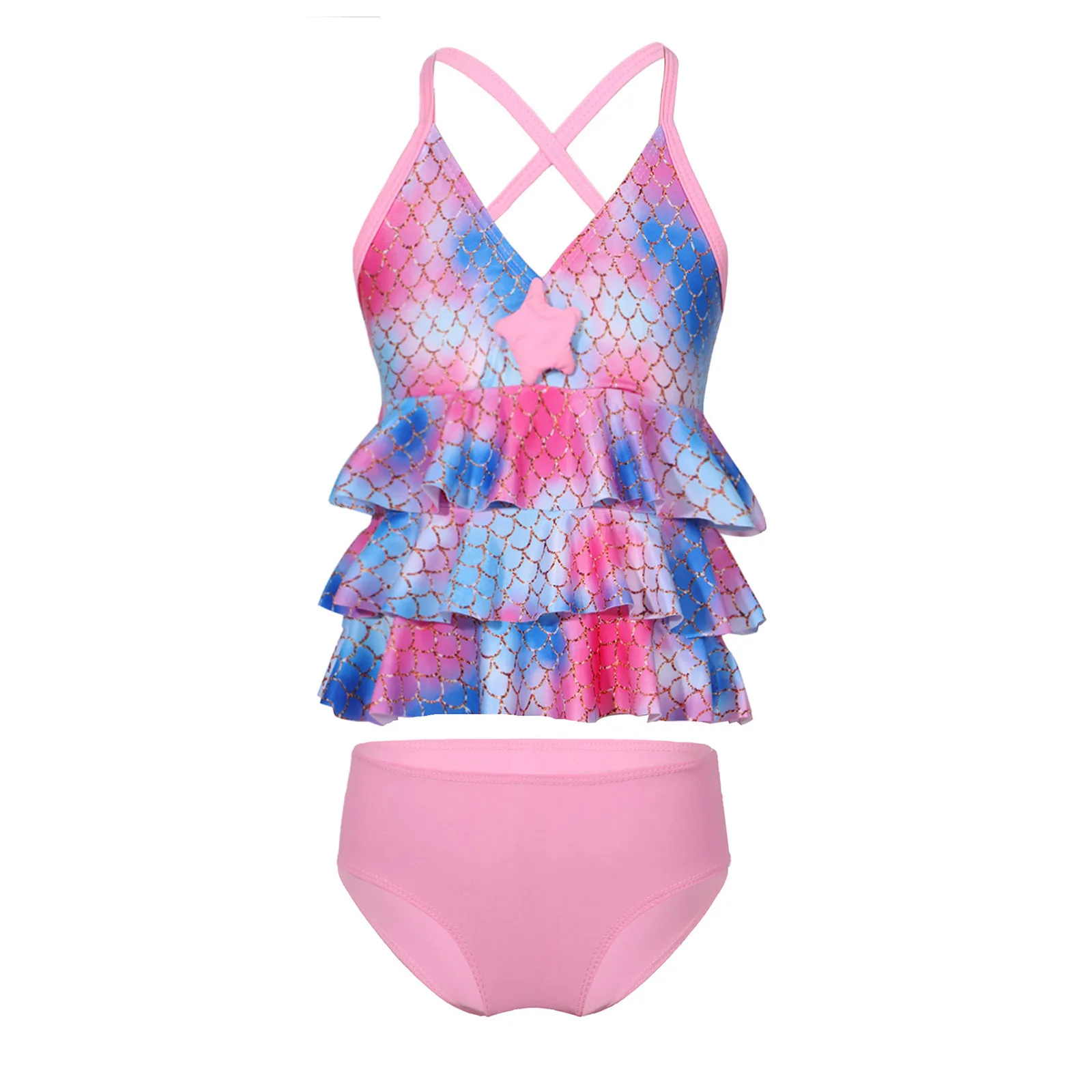 Kids Girls 2PCS Mermaid Tankini Swimsuit Ruffled Starfish Tops with Bottom Set Summer Beach Sport Swimwear Bathing Suit 4-16 Yrs