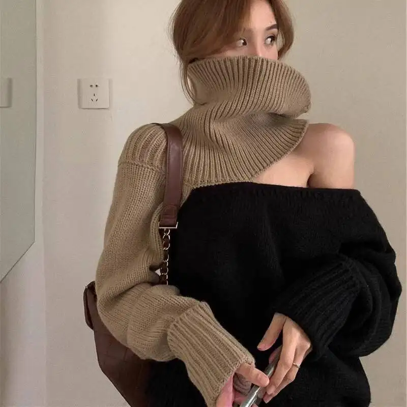 2025 Autumn Sweater Dress Women's Lazy Style Knit Sweater Color Block Design Off Shoulder Multi Way Wear Mid Length Top