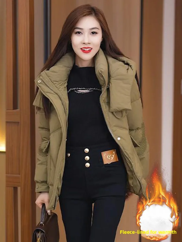 เสื้อโค้ทผู้หญิงแบบมีซับใน ทรงหลวม อุ่นสบาย บุขนเป็ด แขนยาว ผ้าฝ้าย สำหรับฤดูหนาว สไตล์เกาหลี