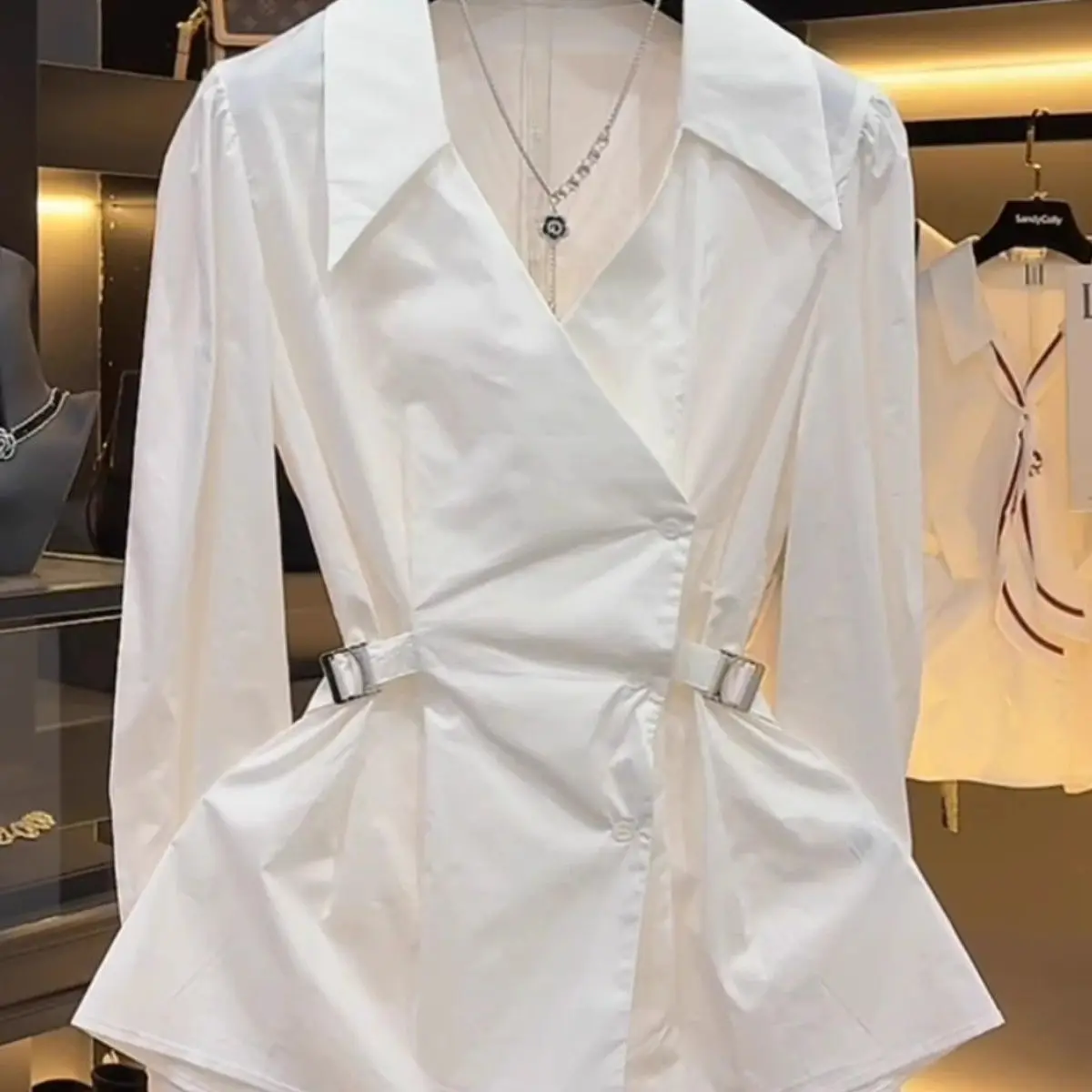 

Women's large size spring and autumn new fat fashion versatile casual temperament thin lace-up collar long-sleeved shirt