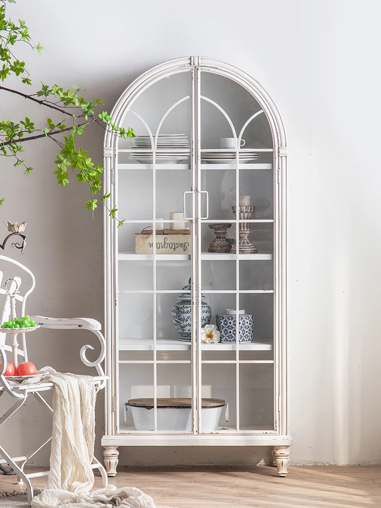 The product can be customized.French arched bookcase with glass door Solid wood retro bookcase integrated living room