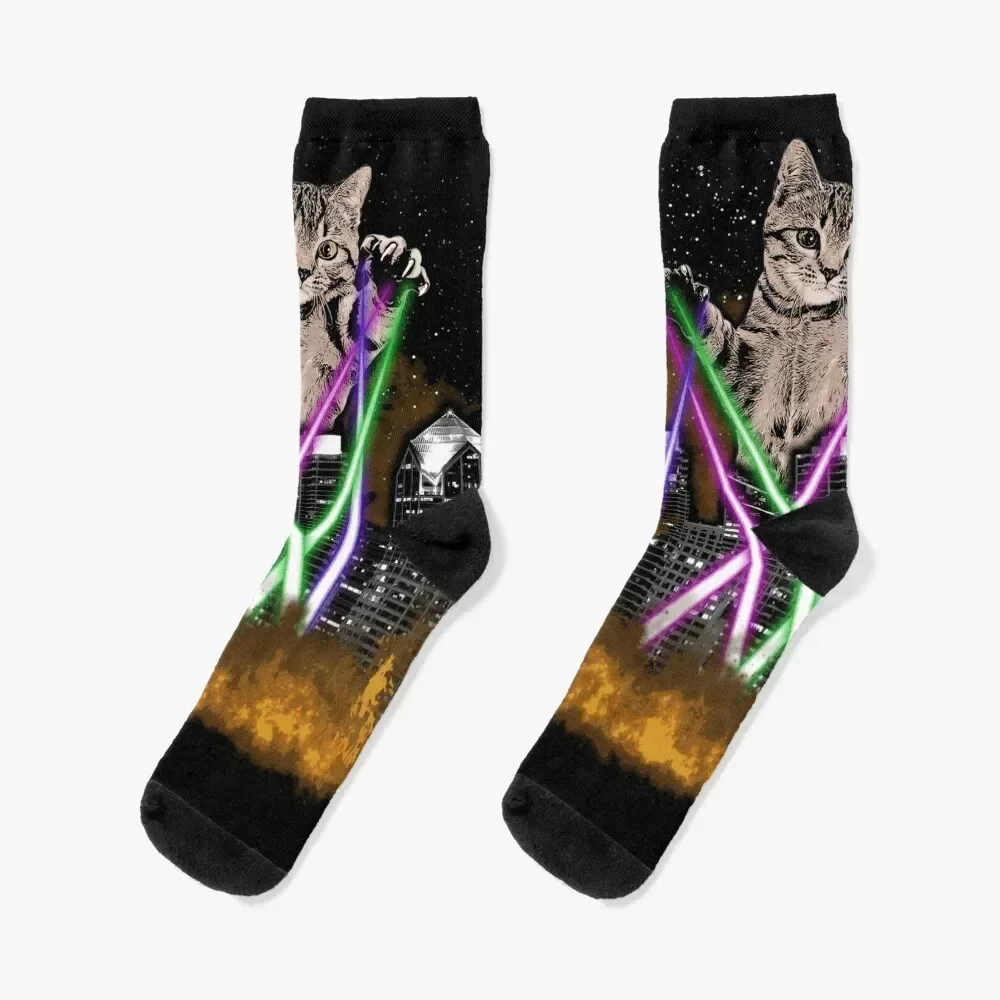 Laser Cat Destroys City With Paws - Cute Adorable Kitten Socks Novelties moving stockings Women's Socks Men's