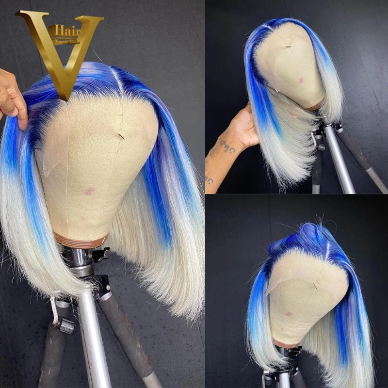 

Blue Ombre Straight Lace Front Wig 613 Short Bob Lace Front Human Hair Wigs For Women Brazilian HD Lace Human Hair Pre Plucked