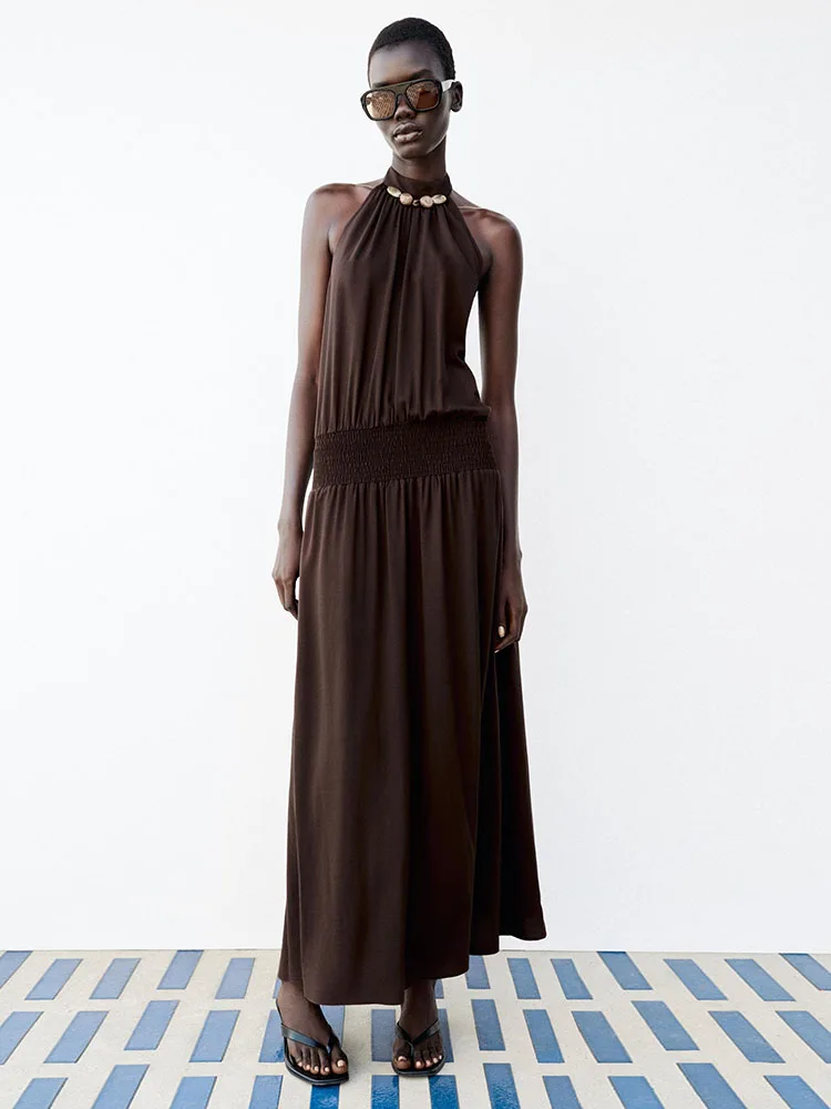 New Summer 2026 Women's Long Dress Neck Hanging Decoration Bead String Dress Backless Gown for Daily Wear  Color Gown