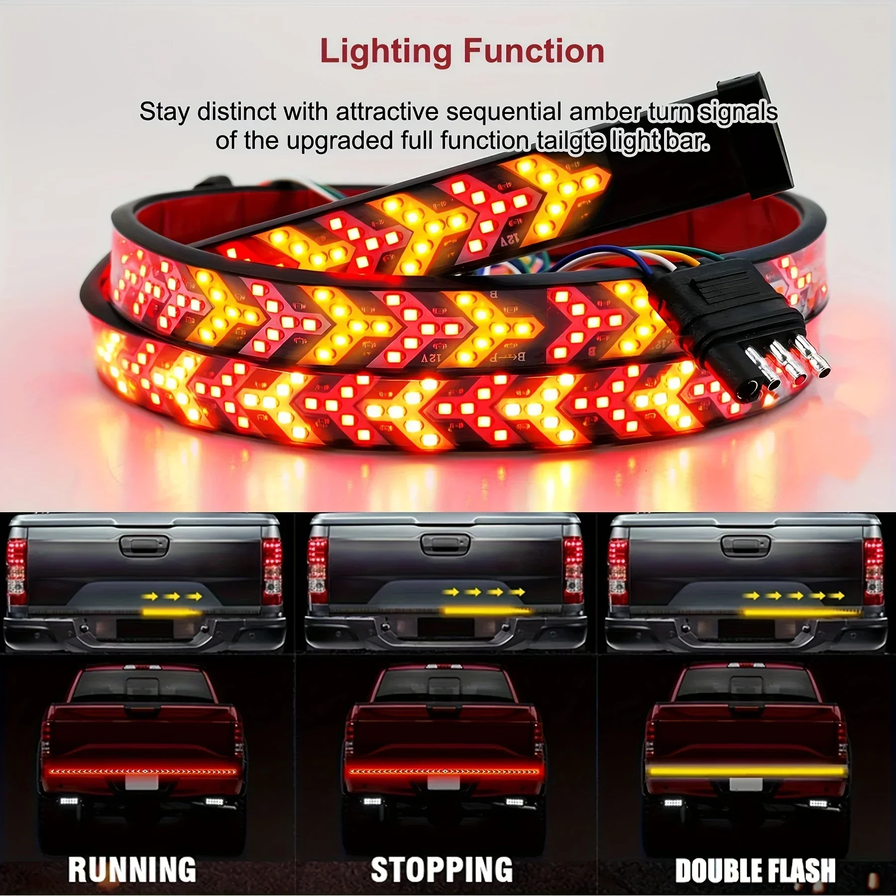 1pc Arrow LED Tailgate Light Bar Strip Red Yellow Switchback Sequential Turn Signal Strobe Flashing Brake Light Tail Light Kit