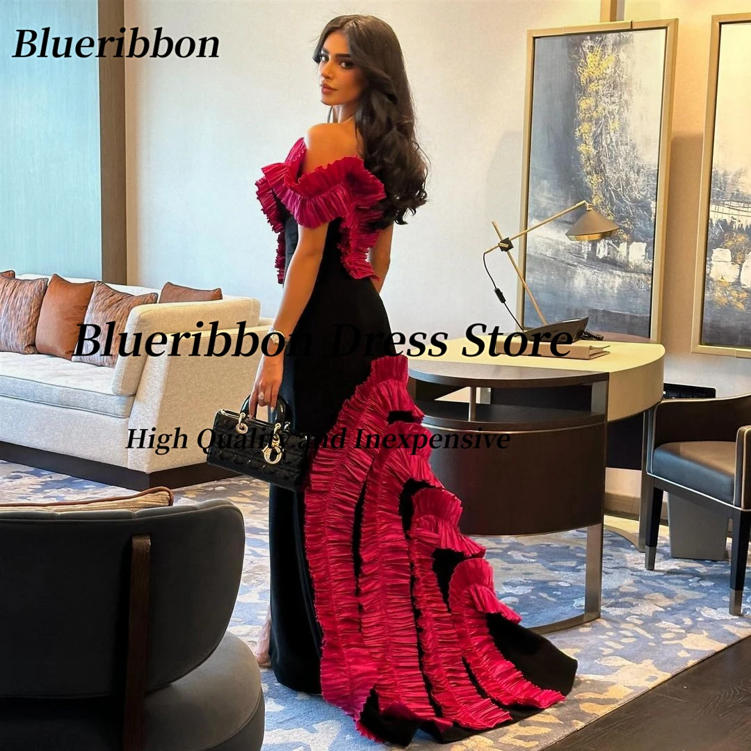 

Blueribbon Black&Fushcia Prom Dresses 2024 Off Shoulder Ruched Tiered Evening Party Gowns Contrast Color Vestidos De Noches