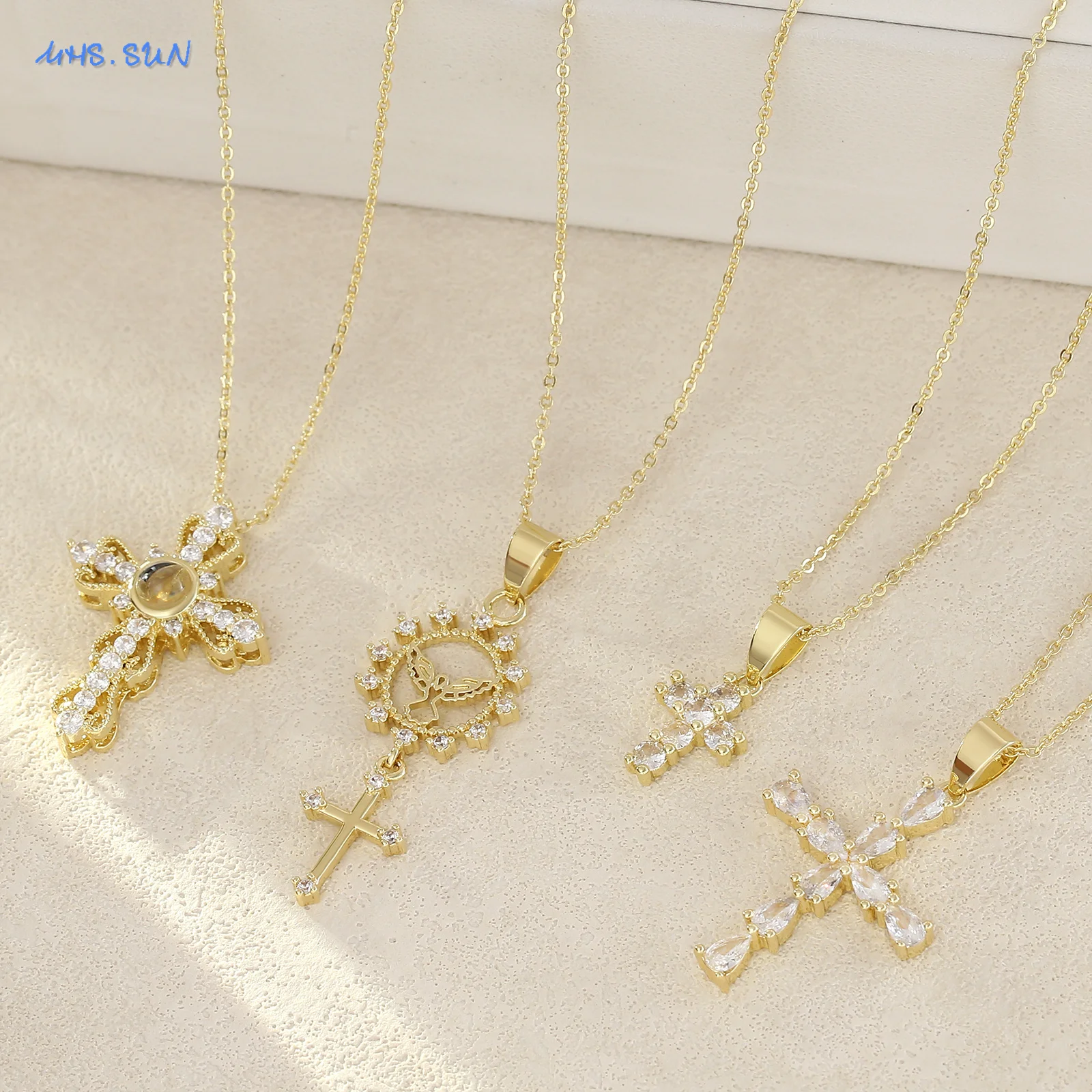 MHS.SUN 16 Styles Luxury Zircon Cross Pendant Necklace Fashion Unique Design Women 2025 New Gold Color Religious Jewelry Gifts
